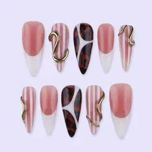 Freestyle Nude & Tortoiseshell Press On Nails with Gold Accent | Almond Handmade Nail Art