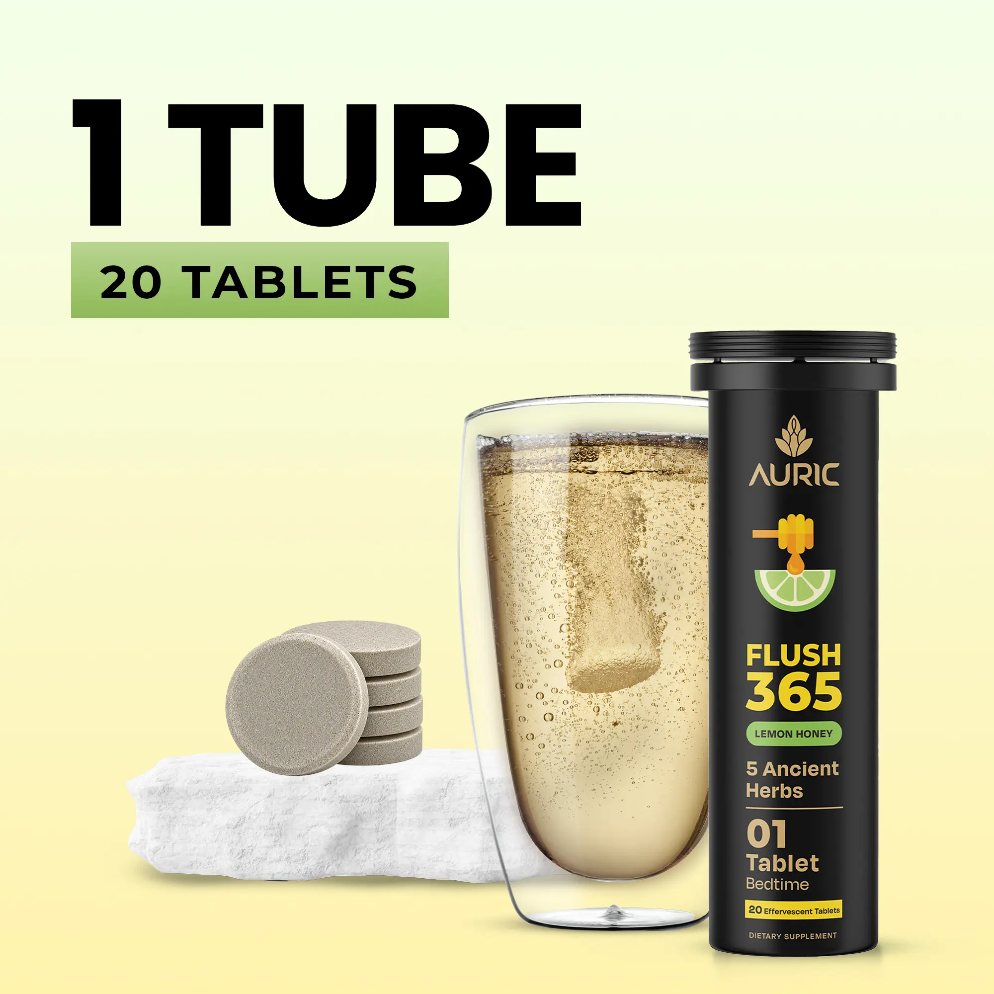 Auric Flush 365 Effervescent Tablets | Herbal Wellness Support Formula | Plant-Based | Honey Lemon Flavor