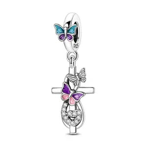 MULA S925 Silver-plated Cross and Butterfly Pendant with Enamel and Cubic Zirconia - Compatible with Pandora Bracelets and Necklaces, Ideal Christian Gift for Women, Teens and Girls