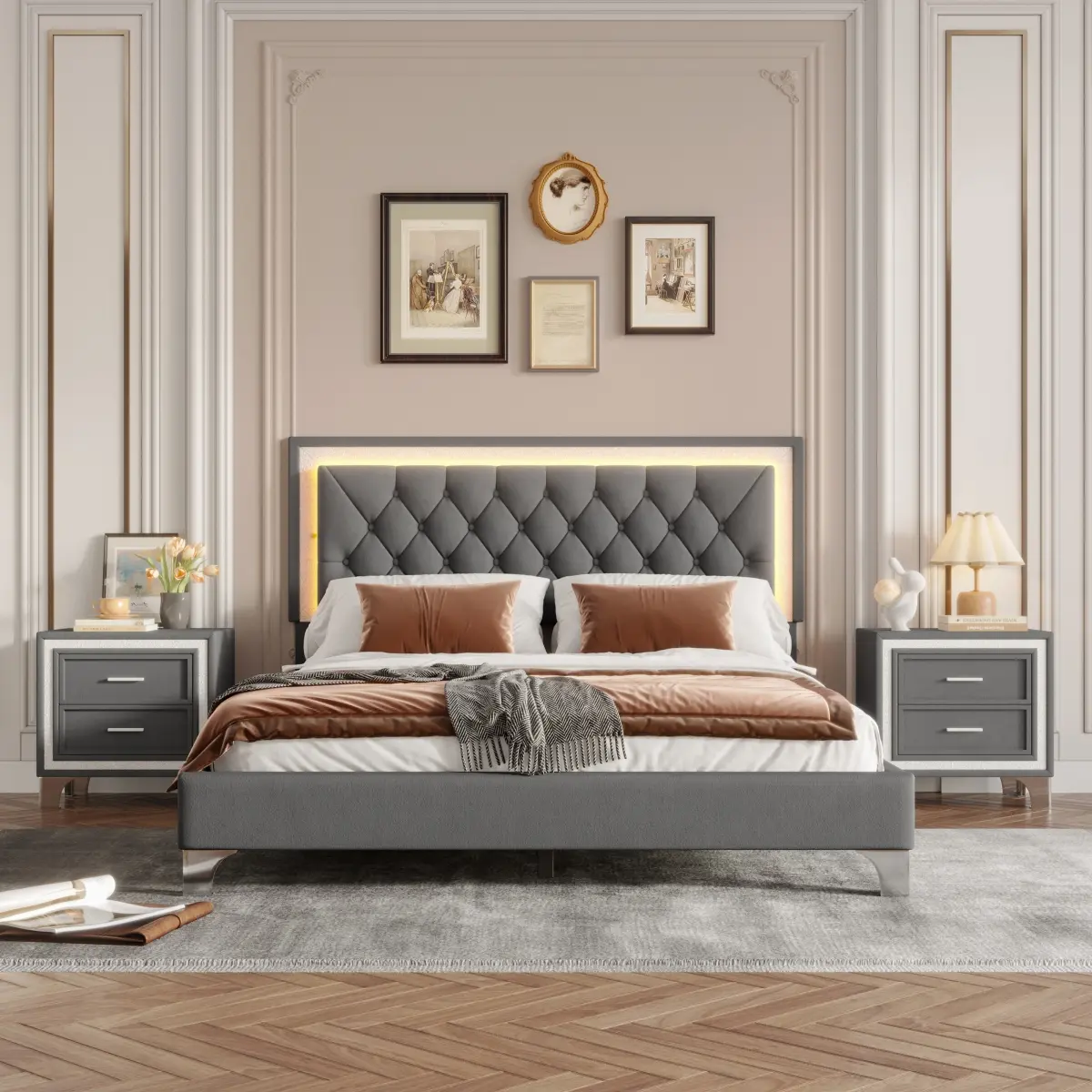 Gray 3-Piece Matching Modern Indoor Furniture Bedroom Set - Queen Size Upholstered Platform Bed with LED Lights, 2 Nightstands for Bedroom Setup, Matching Bedroom Sets
