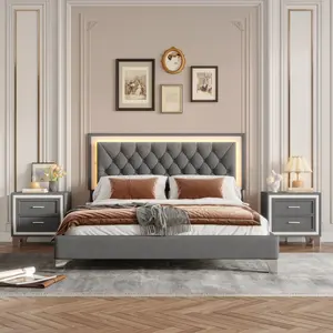 3-Pieces Bedroom Sets,Queen Size Upholstered Platform Bed with LED Lights and Two Nightstands-Gray