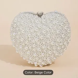 Elegant Beige Pearl-Embellished Clutch for Women Perfect for Weddings Prom Dates and Special Occasions