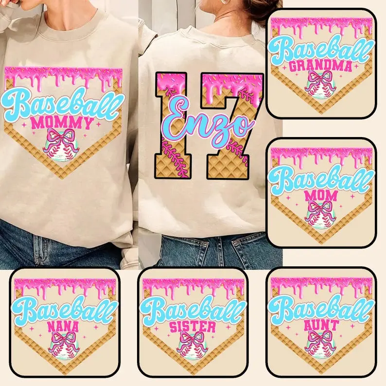 Personalized Baseball Mama Shirt With Kids Name and Number, Ice Cream Drip Sweatshirt, Funny Game Day Tee