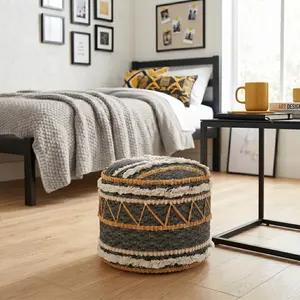 Tavine Handmade Contemporary Striped Round Indoor Medium Pouf Ottoman, Black/Yellow