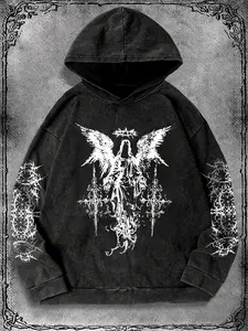 Men's Dark Angel Print Hoodie, Soft Breathable Fitted Vintage Look, Gothic Street Style, Fall & Winter Fashion, Trendy Graphic Sweatshirt, Streetwear