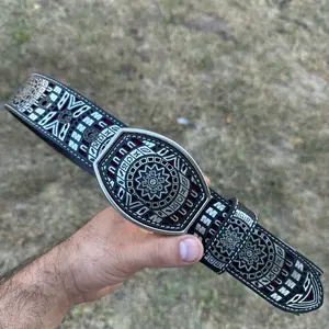 Sol Azteca Western Belt - Beef Leather, Laser Engraved, 1 3/4 Inch Width, Silver Color