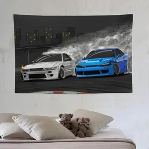 1pc MaLji JDM Japanese Car Art Silvia S13 & S15 Wall Tapestry - Vibrant Sports Car Design with Nighttime Cityscape, 40x60 Inches, Black Background, Polyester, Perfect for Bedroom or Home Decor, Car Decor
