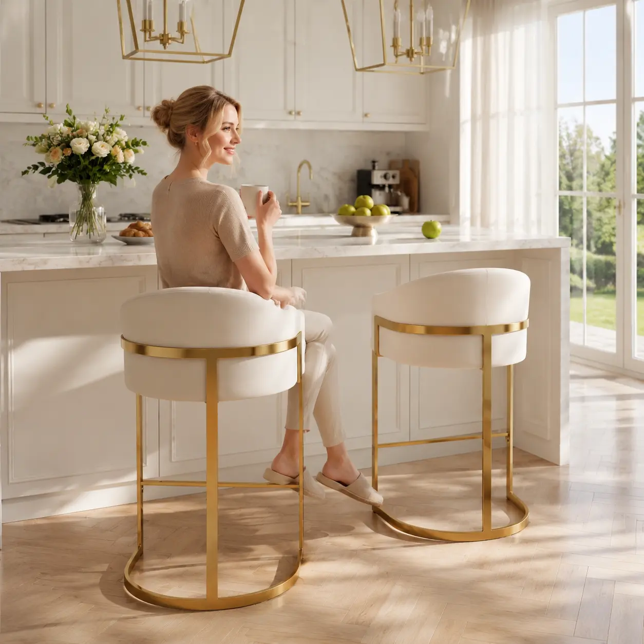 Gold Velvet & Iron Modern Counter Stools Set of 2/4, 27" H Counter Height Bar Chairs with Barrel Backrest & Armrests Stable for Kitchen Island