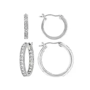 JTV White Cubic Zirconia Platinum Over Brass Hoop Set 1.14ctw