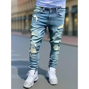 Men's Slim-Fitting Stretch Denim Pants Jeans - Dark Wash, Ripped Design, Tie Dye Print, Skinny, Zipper Pockets, Edgy, Menswear Streetwear, Casual for Multiple Seasons