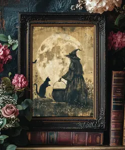Halloween Black Cat Witch and Cauldron Unframed 8x10 Premium Matte Art Print Home Decor Artistic Room Decoration Wall Photo Poster