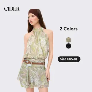 Cider Chiffon Paisley Halter Neckline Shirred Layered Mini Dress
