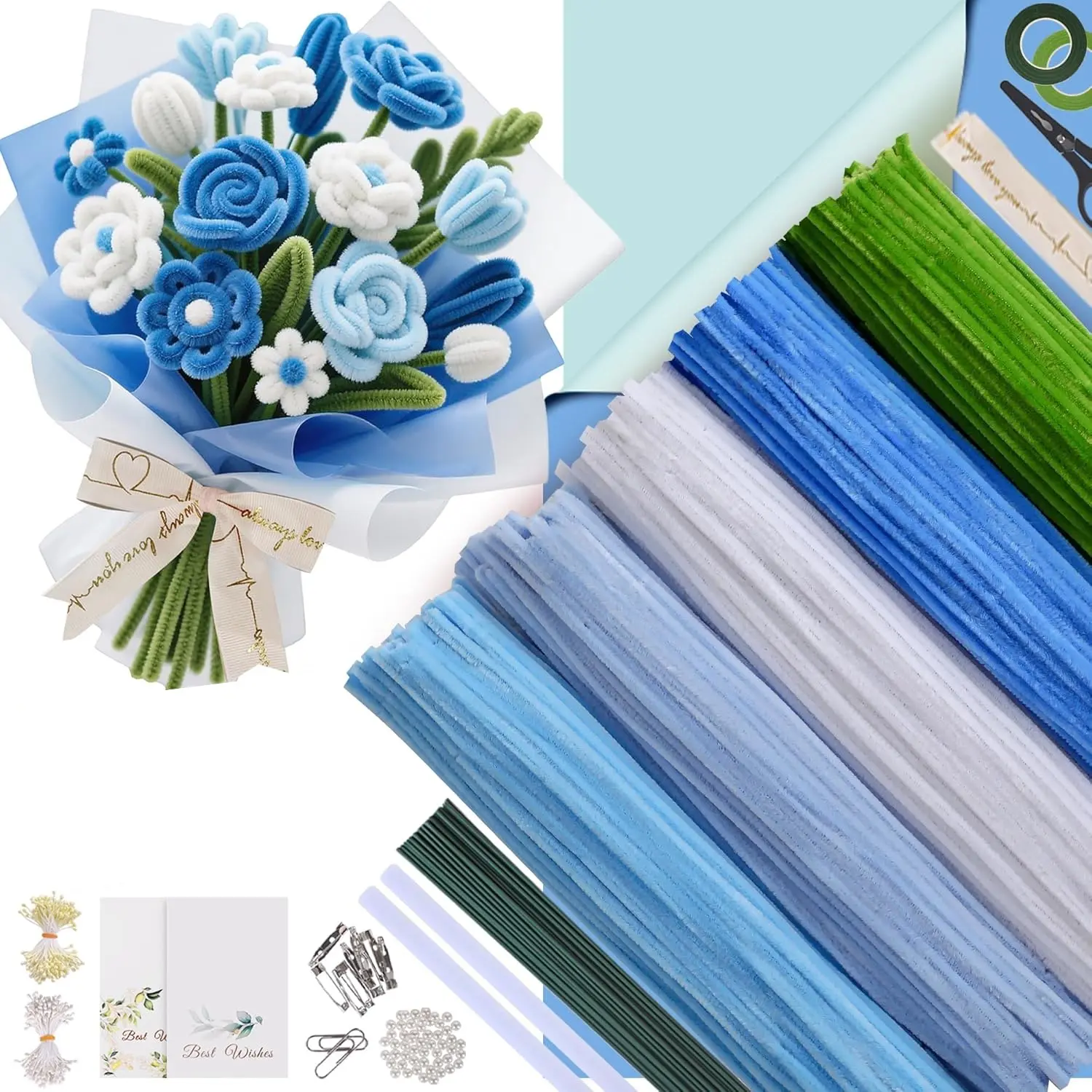 8mm Twist Stick Floral DIY Kits - 500 Pieces Flower Crafting Set with Schneier Stems, Flower Stems, Tape, Glue Sticks, Ribbons - Screen-Free Creative Fun for Teens, Ideal for Home Handicrafts, Mother’s Day Gifts