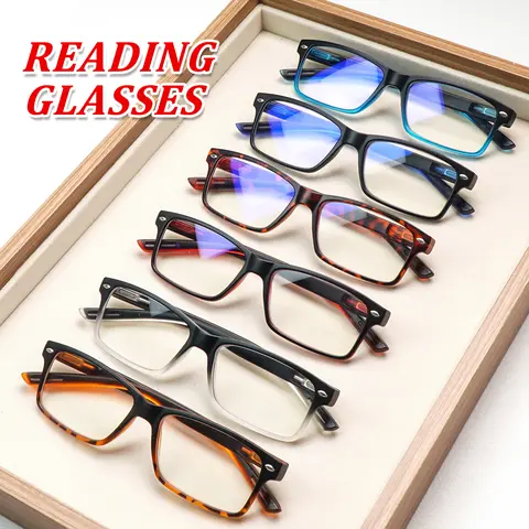 Unisex Durable Blue Light Glasses - 6-Pairs Mix Color High Def Lens, Plastic Full Rim Rectangular Frames, Spring Hinges, Non-Slip Nose Rest, Giftable Boxed Set for Computer Work, Friends & Family