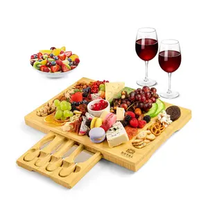 Royal Craft Wood Bamboo Cheese Board Set with Knives - Rectangle Tableware for Easy Serving & Organization Eco-Friendly & Odor-Resistant Gift Ready