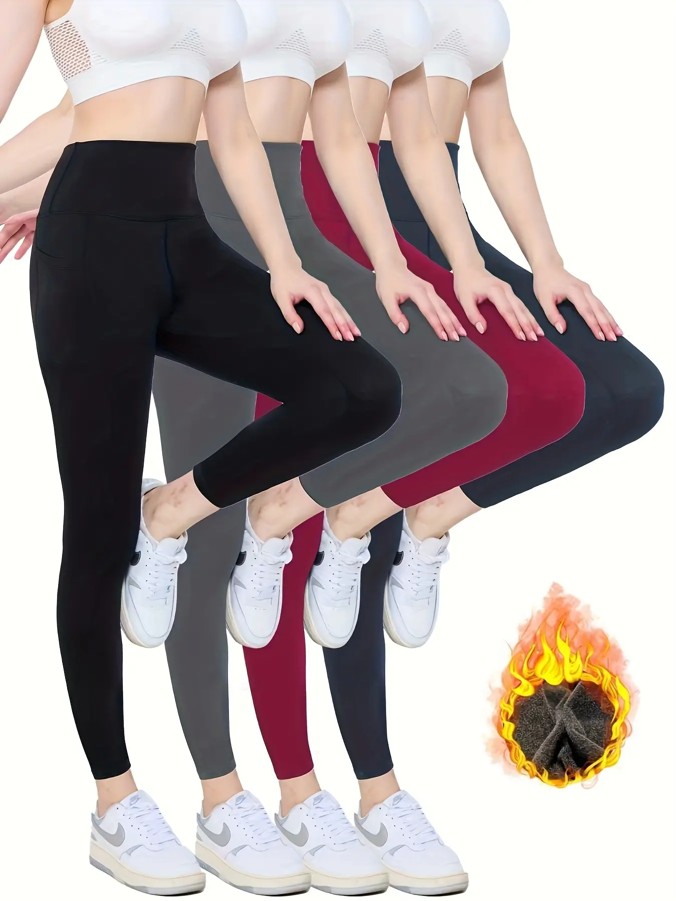 4pcs Plush Lined High Waist Yoga Leggings Fleece Warm Sports Pants with Pocket Women's Activewear Plus Size for Comfort and Style