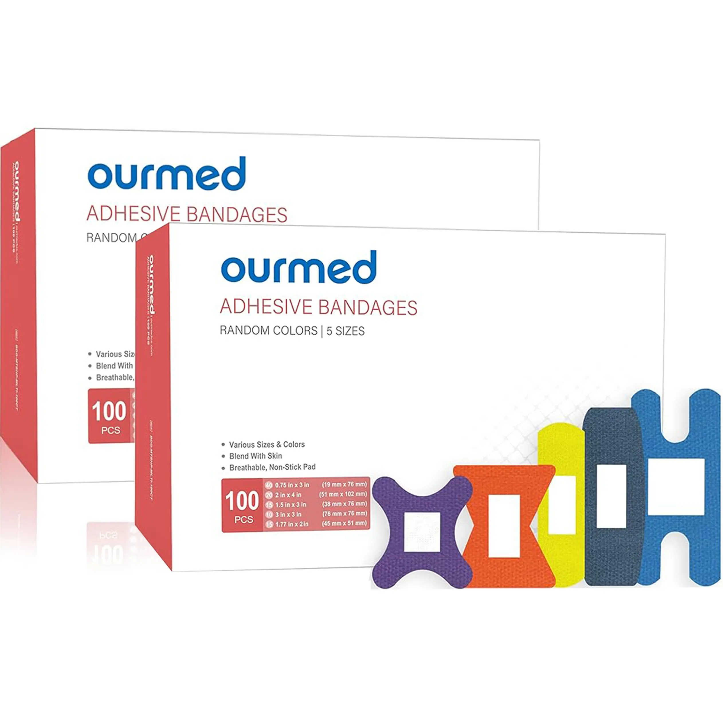 OURMED Patterned Flexible Fabric Adhesive Bandages, Rainbow Color Multi-Pack (200/100 Count) Assorted Sizes, Latex-Free Breathable Long-Lasting, Non-Stick Absorbent Pad for Daily First Aid Wound Care, Minor Cuts and Scrapes