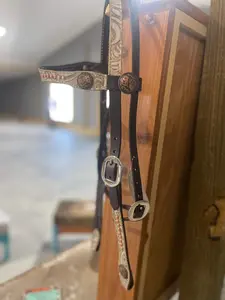 Leather Headstall With Floral and Copper Browband