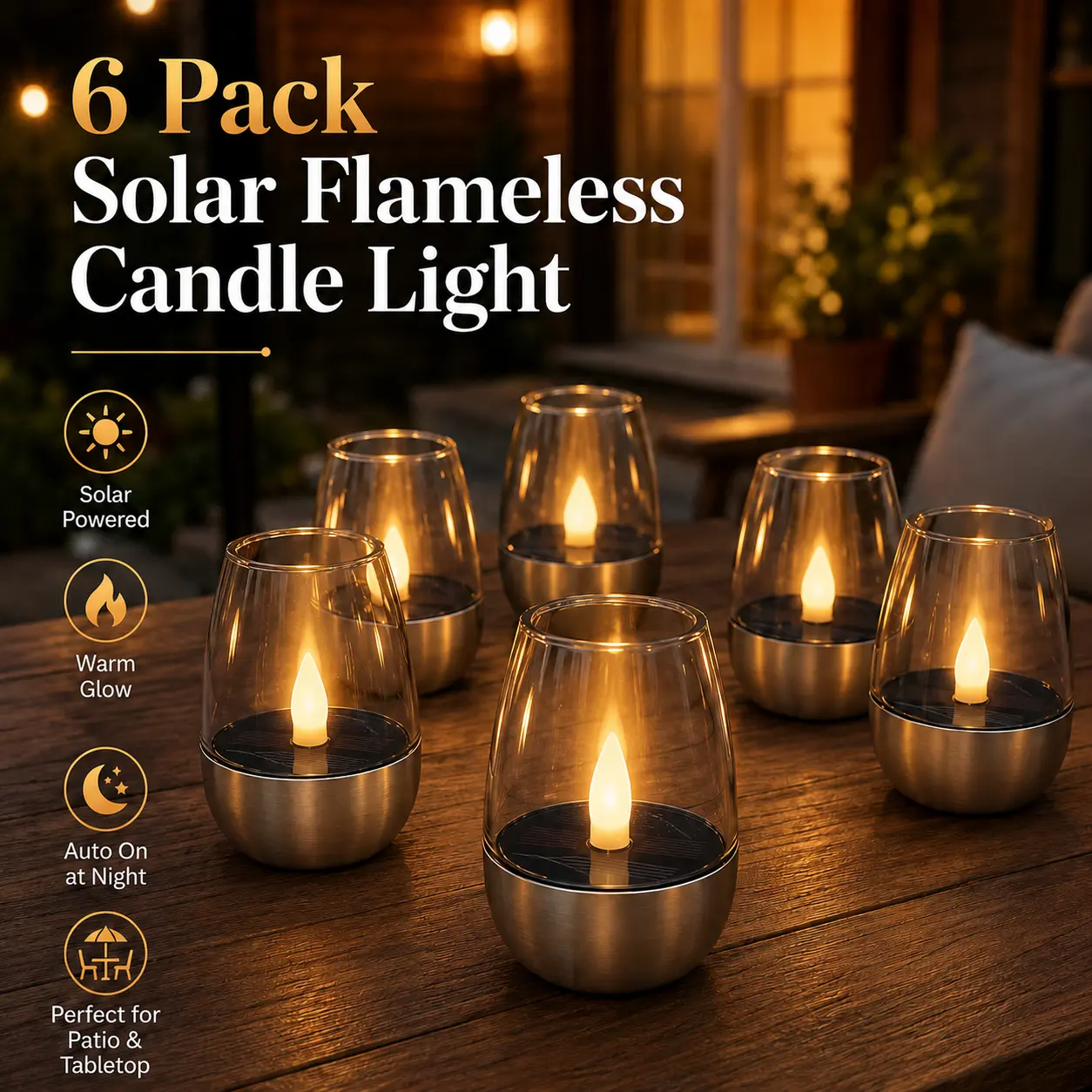 6 Pack Solar Candle Lights, Flameless Outdoor Tabletop Lanterns with Warm Steady Light, Auto On at Night, No Flame, No Wiring, Patio Table Decor for Backyard, Porch, Garden