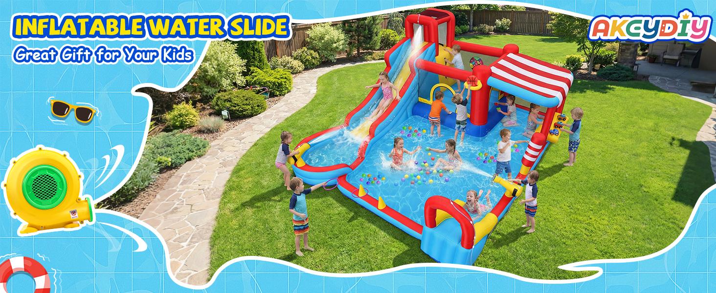 Whubefy Inflatable Bounce House, All-in-One Water Slide Play Park, Wet & Dry Use, Giant Jumping Area, Climbing Wall, Water Guns, Boxing Bag, Ring Toss Games, Included Air Blower, Outdoor Fun, Perfect Birthday Party Gift for Kids