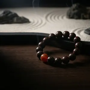 OrientalMind Venus small-leaf red sandalwood with red agate Heart Sutra bracelet