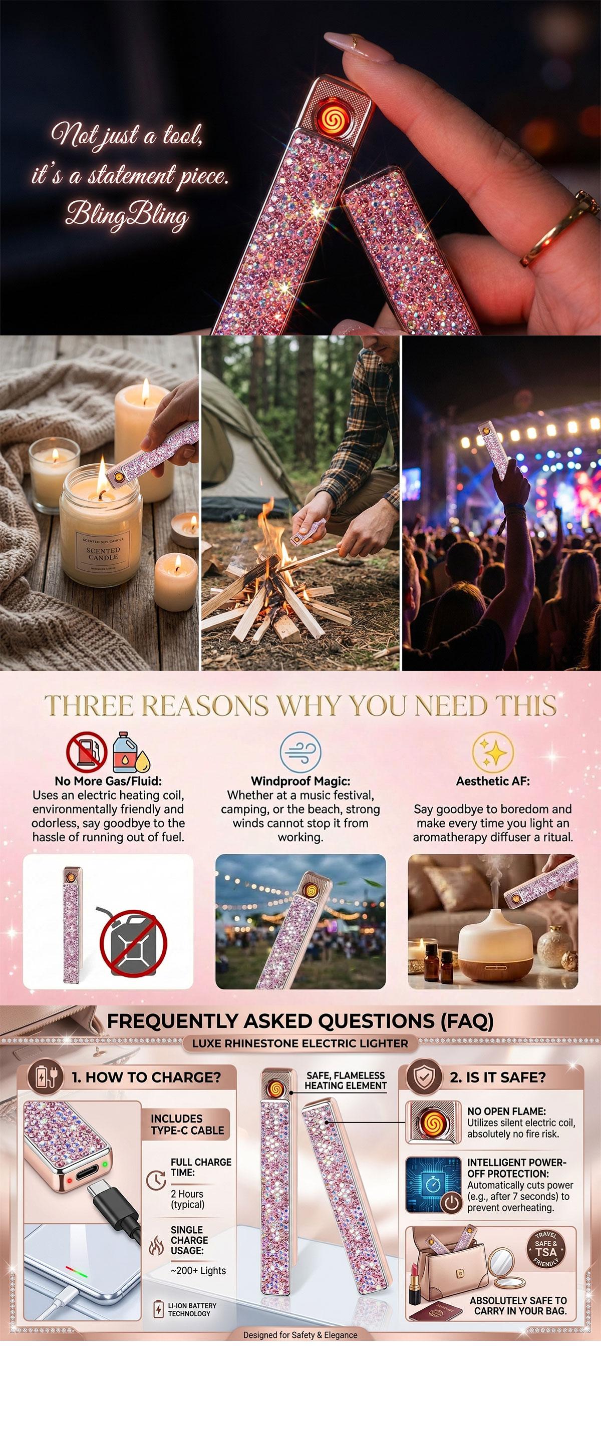 Electric Lighter, Windproof Flameless Bling Lighters - Type-C Rechargeable, Pull-Out Ignition with Thickened Tungsten, Rhinestone Decorative Design, Gift for Women & Girls Aesthetic