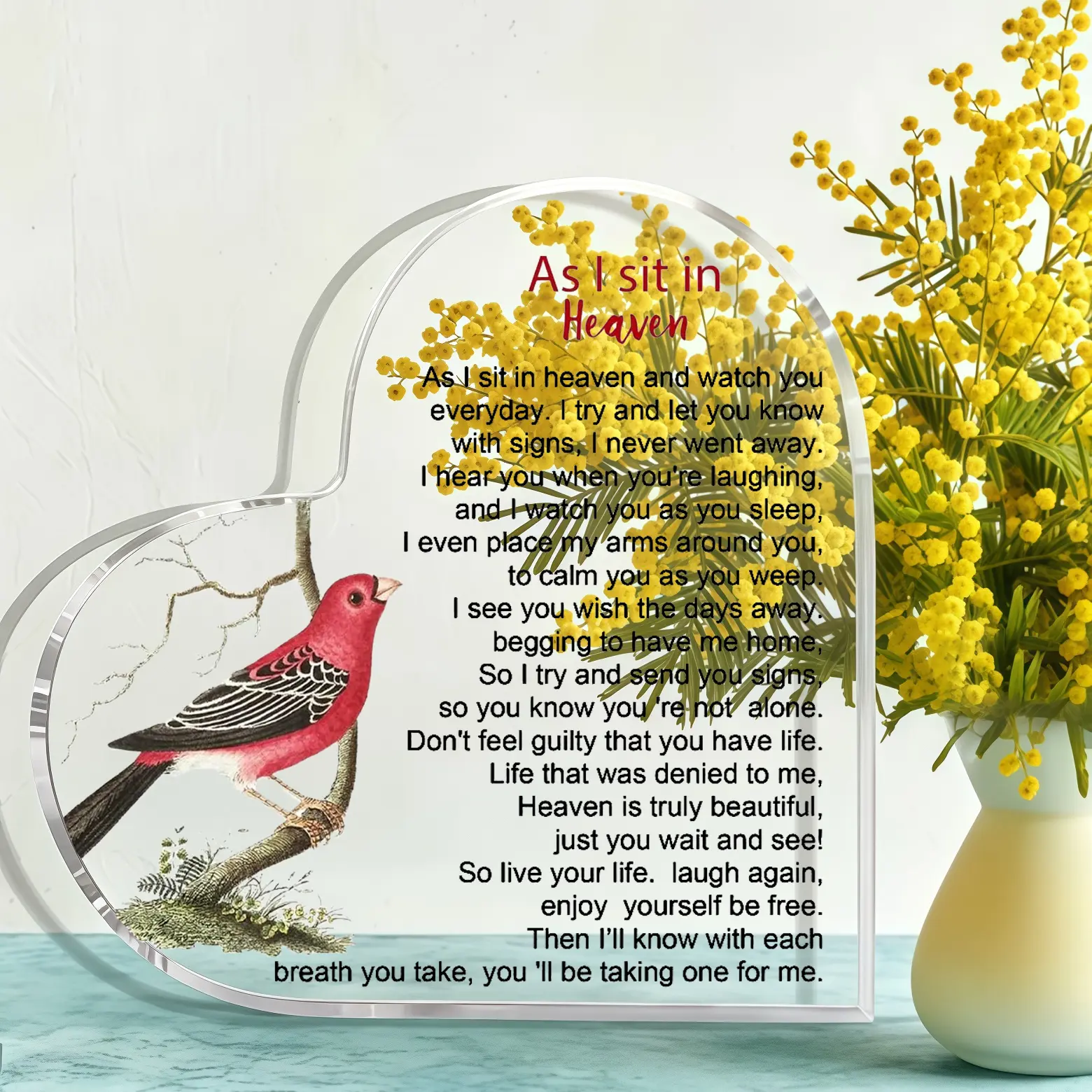 Red Bird Heart Acrylic Commemorative Plaque with "As I Sit In Heaven" Quote, Elegant Patterned Durable Bereavement Gift, Desk Decor Home Sign for Loved Ones' Loss