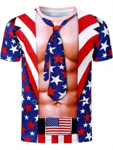 Men's Flag Pattern T-Shirt, Patriotic American Hooded Short Sleeve, Slim Fit, All over Print, Daily Wear