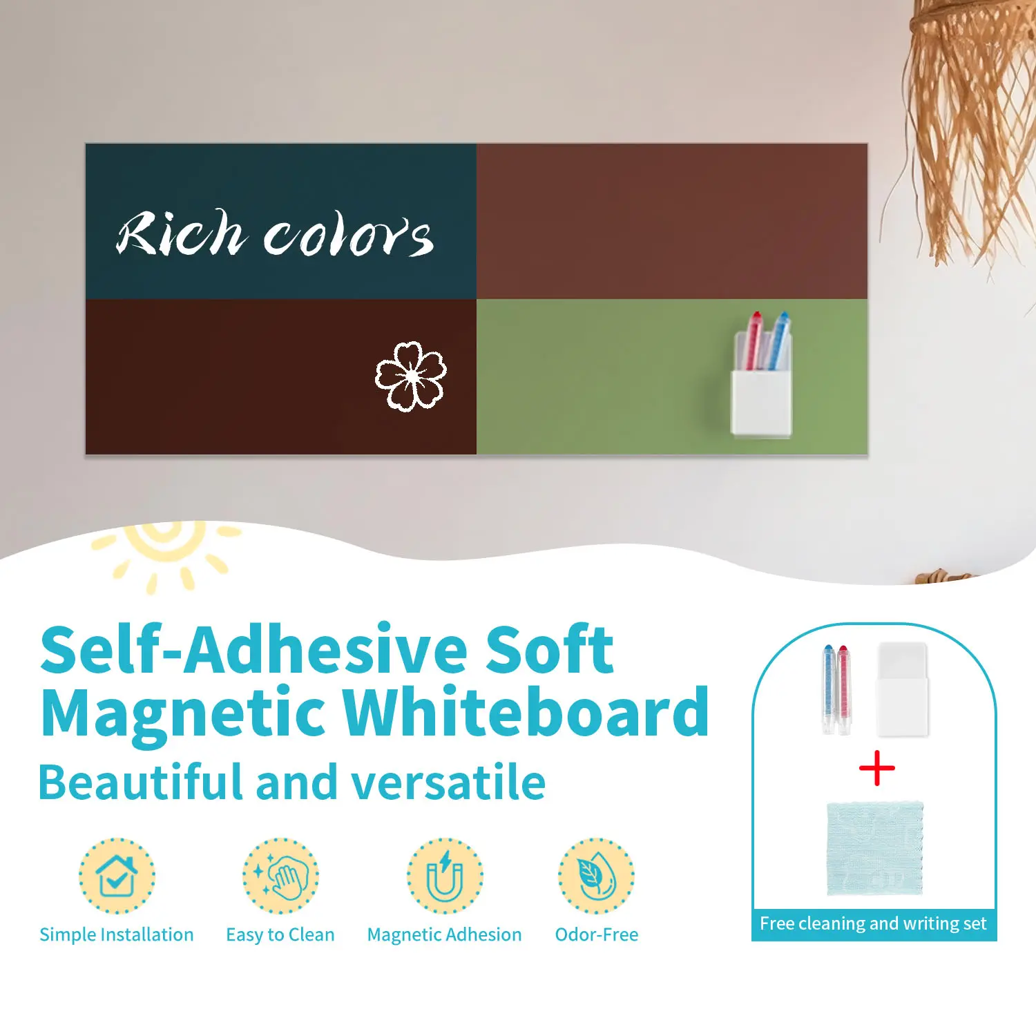 Self-Adhesive Magnetic Whiteboard Wall Sticker, Removable Vinyl Decal, Multi-Color Design, Easy to Clean, Reusable, Home Decor, 100cm X 40cm