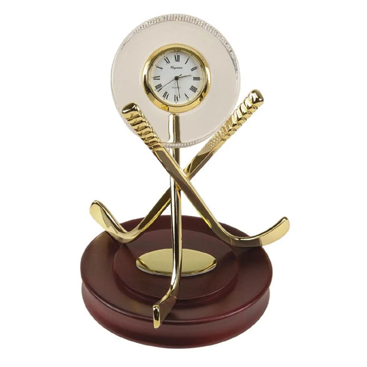 Jiallo 33607 Classic Crystal & Brass Analog Hockey Clock with Wood Base, Engraved Plate, Home Decor Accent for Living Room, Thoughtful Gift Idea, Analog Clock, Puck Shape