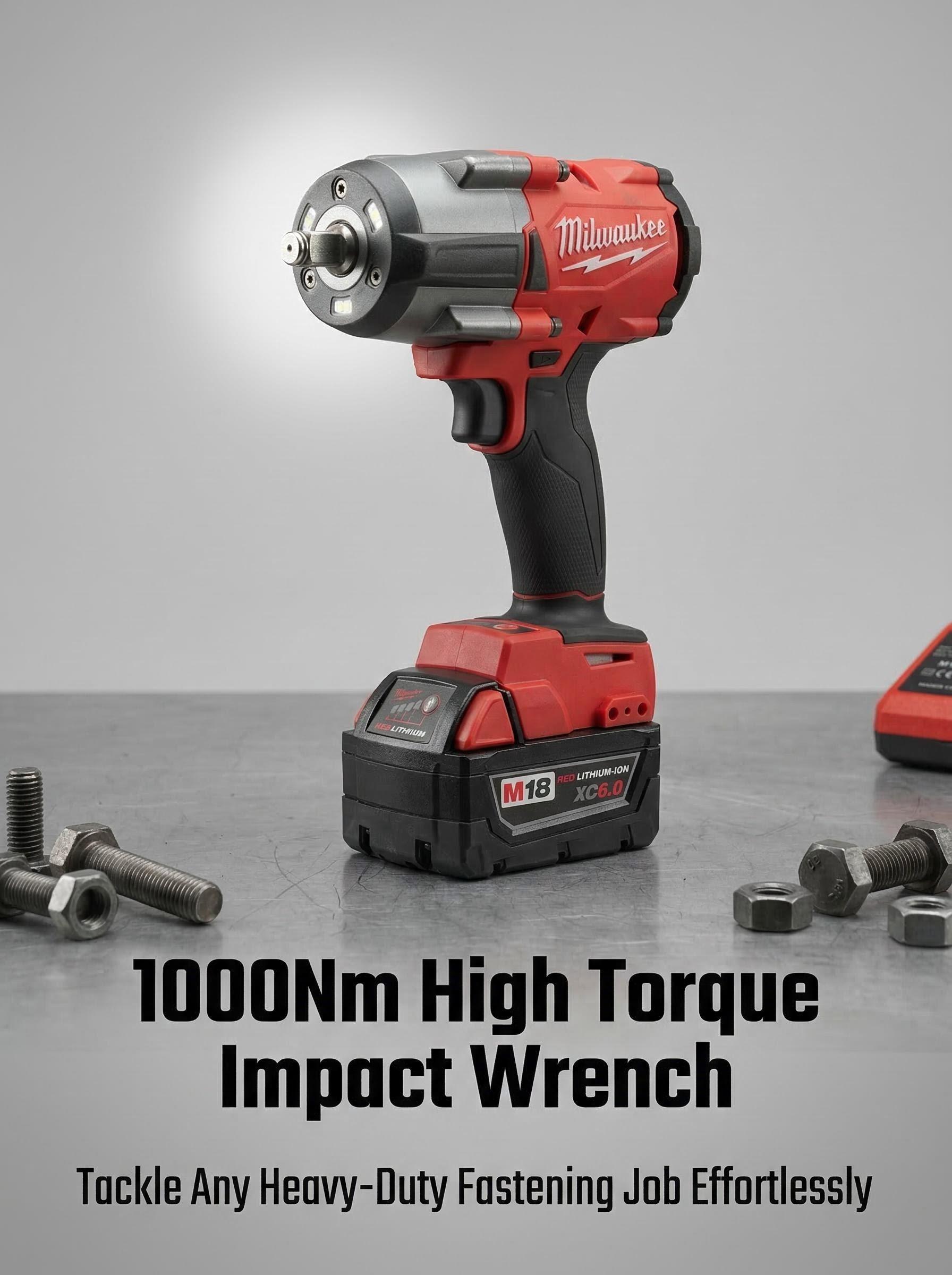 Milwaukee M18 FMTIWF12 18V Cordless Impact Wrench Suitable for Auto Repair and Industrial Assembly Electric Wrench Tool 1000Nm High Torque Output Multi-Speed Control
