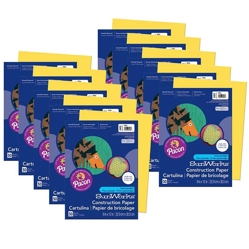 Construction Paper, Yellow, 9" x 12", 50 Sheets Per Pack, 10 Packs