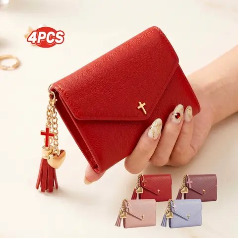 Saffiano Leather Trifold Card Holder & Wristlet Zipper Coin Pouch Set 4-6PC - Women Gift Set for Moms Girlfriends Colleagues, Textured PU Leather, snap trifold, wristlet zipper, cross charm