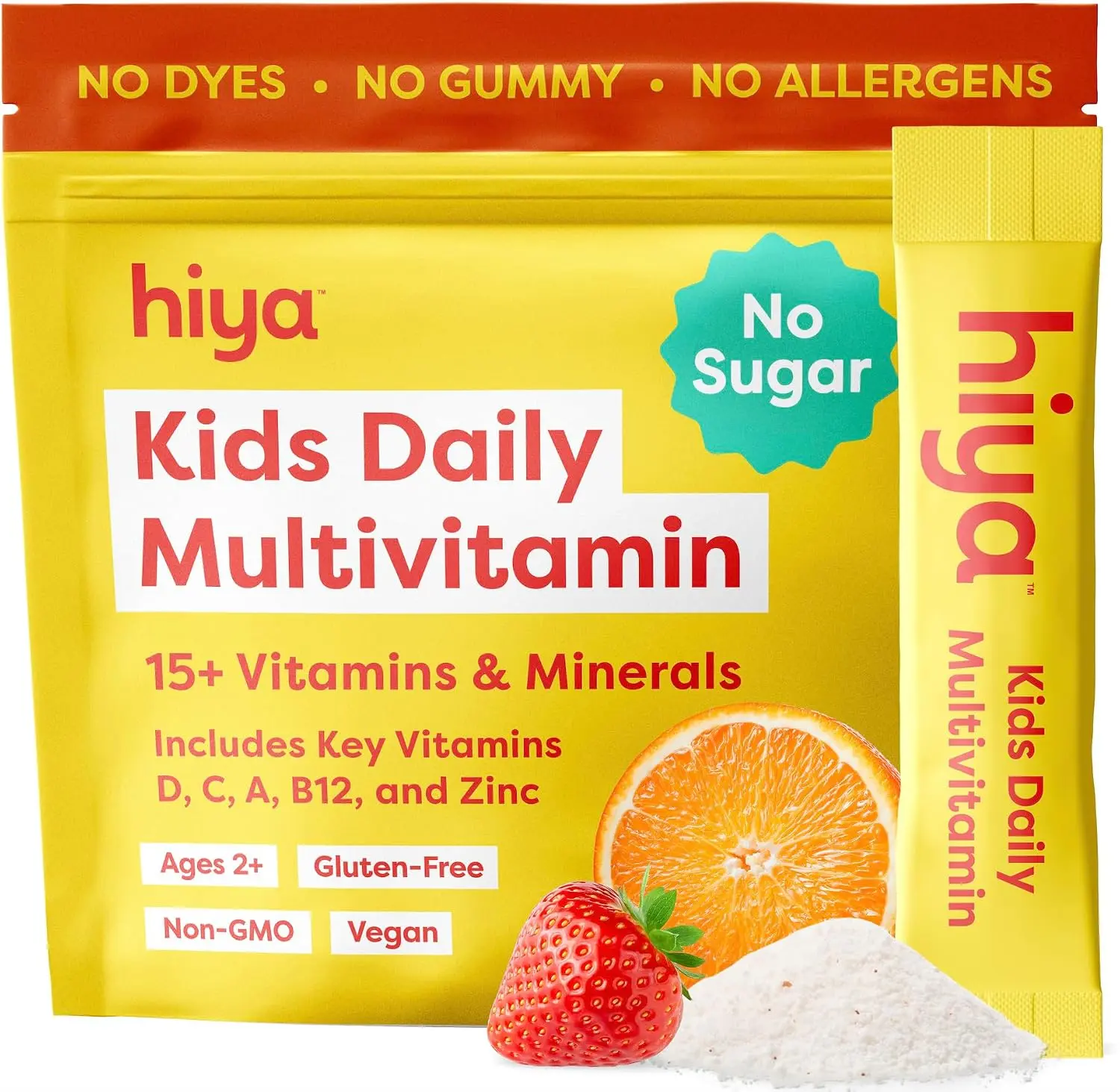 Hiya Kids Daily Multivitamin Sticks – Sugar-Free Vitamins for Kids, 15 Essential Nutrients, No Gummies or Artificial Junk