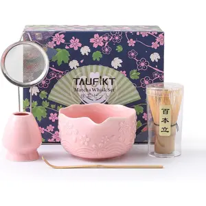 Matcha Whisk Set, 5 Pcs Ceramic Matcha Set, Matcha Kit Set Includes Matcha Bowl, Matcha Whisk and Holder, Bamboo Scoop and Sifter, Matcha Tea Set, Ideal Gift for Family/Friend (Pink)