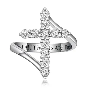 PEIMKO Moissanite Cross Ring (925 Sterling Silver, White Gold) — Baptism Gift, Faith & Hope Jewelry, “With God All Things Are Possible”