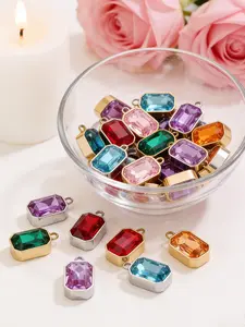 Stainless Steel Rectangle Pendant Crystal Inlay, DIY Necklace Earring Bracelet Accessories, Vintage Style Handmade Material