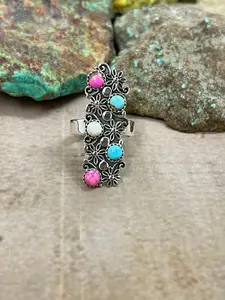 Handmade Sterling Silver Cotton Candy Turquoise Adjustable Ring with Signed Nizhoni