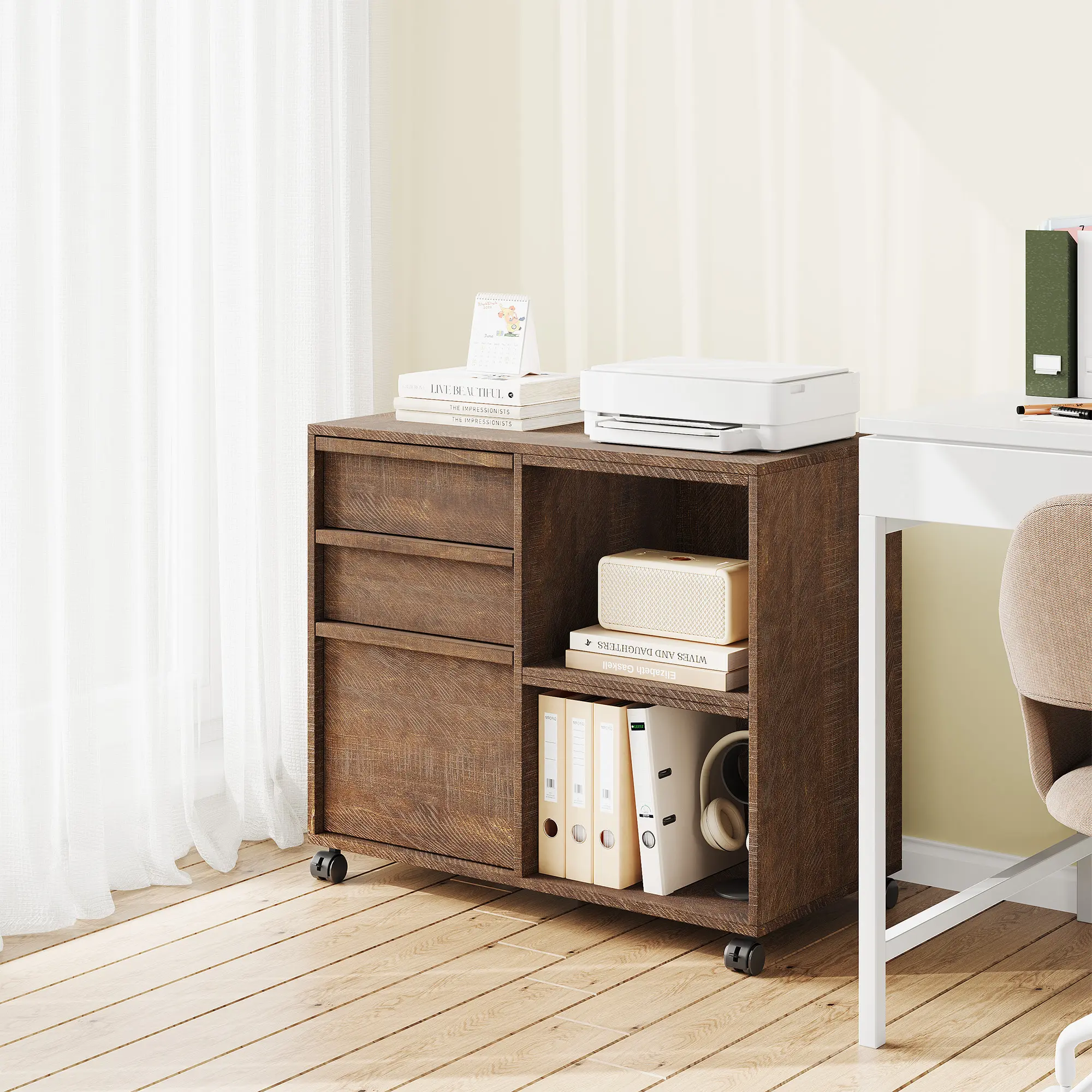 3-Drawer Wood File Cabinet for Dining Space – Mobile Lateral Storage with Shelves – Rolling Lateral Filing Cabinet for Letter/A4 Files, Mobile Printer Stand with Wheels, Wood Office Storage Cabinet for Home Office, White/Wood/Brown