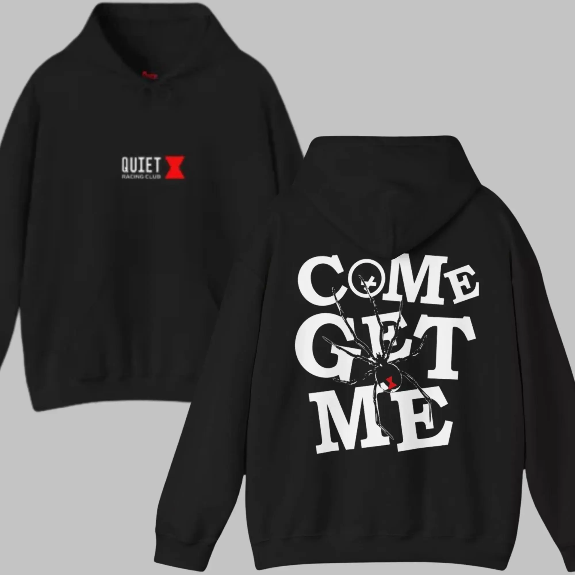 Quiet X Come Get Me Hoodie, Bold Statement Graphic Pullover, Casual Black Streetwear Sweatshirt, Unisex, Mysterious Urban Style, Perfect for Trendsetters and Bold Fashion Enthusiasts.