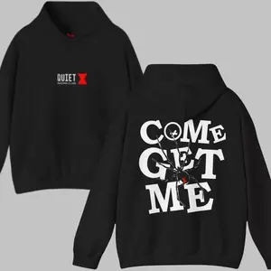 Quiet X Come Get Me Hoodie, Bold Statement Graphic Pullover, Casual Black Streetwear Sweatshirt, Unisex, Mysterious Urban Style, Perfect for Trendsetters and Bold Fashion Enthusiasts.