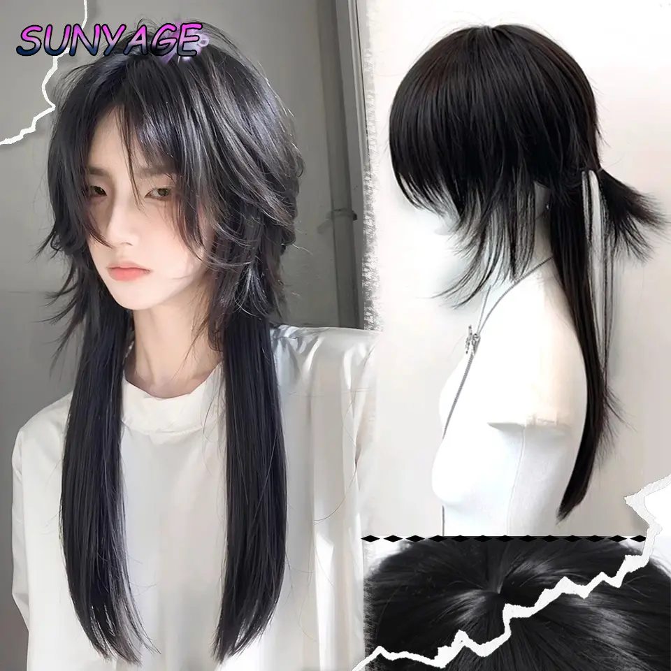 SUNYAGE Men's Modern Mullet Style Black Wig with Bangs, Long Synthetic Straight Wig for Anime Cosplay, Daily Party Use