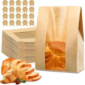 50 Pcs Bread Bags for Homemade Bread, Sourdough Paper With Window, 50% Thicker 13.7x8.2x3.7in A Large Bakery Bags Used for Storage Cookies & Snacks, 60 Cute Sealing Stickers With Ties