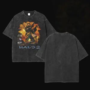 Halo 2 T-Shirt Oversized  Tee Unisex Acid Lightweight Cotton T-Shirt,Game Lover, Fabric Menswear Top Collar Streetwear Seamless Tshirt