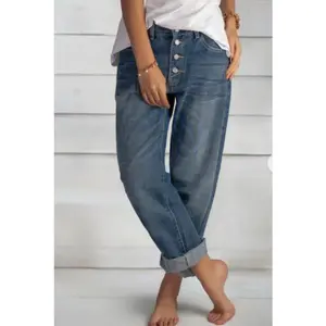 Classic Beaded Button Design Straight-Leg Denim Jeans