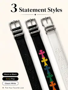 Unisex Roller Belt with Pebbled Texture, Colorful Cross Design and Detailed Metal Buckle for Youth Streetwear
