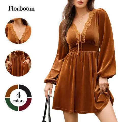 Florboom Women's Velvet Dress with Pockets, Lace V Neck Long Sleeve Empire Waist Swing Dresses, Tie Front Boho Sun Dress for Fall Autumn, Date Night, Casual Party, Brunch Outfit,Thanksgiving, Chrismas Day
