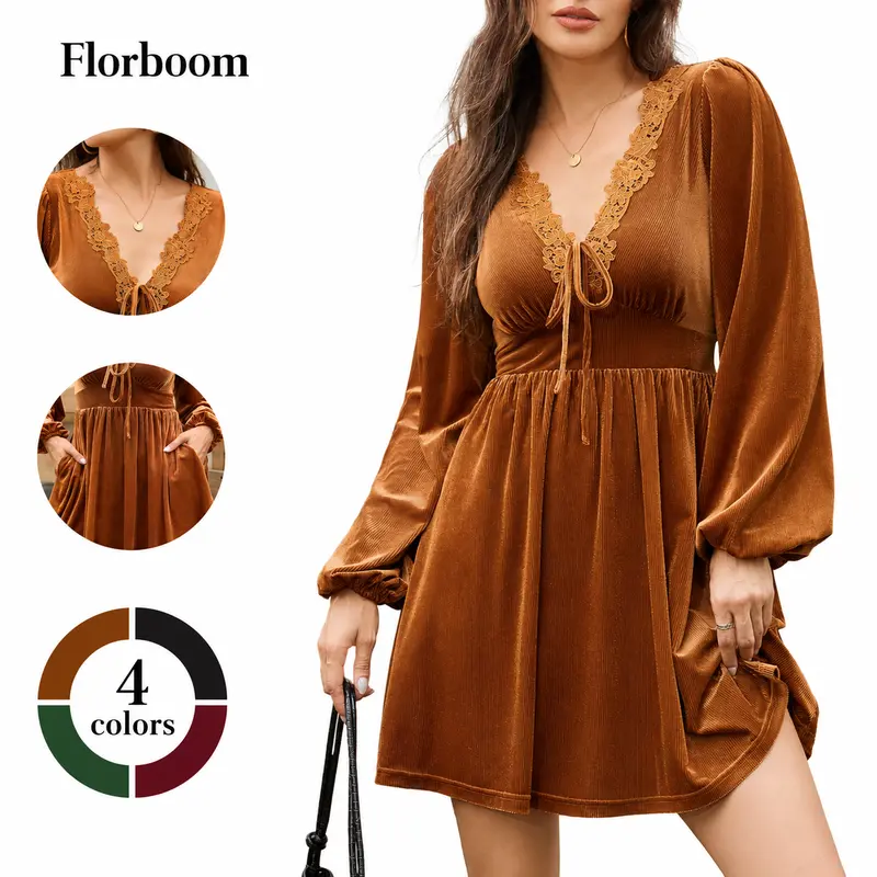 Florboom Women's Velvet Dress with Pockets, Lace V Neck Long Sleeve Empire Waist Swing Dresses, Tie Front Boho Sun Dress for Fall Autumn, Date Night, Casual Party, Brunch Outfit,Thanksgiving, Chrismas Day