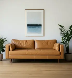 360 Stand Modern Upholstered Large Rectangular 2-Seater Tan Leather Sofa - Removable Toss Pillows, Brown Legs, 34.65x87.8x37.8 in, Modern Upholstered Sofa