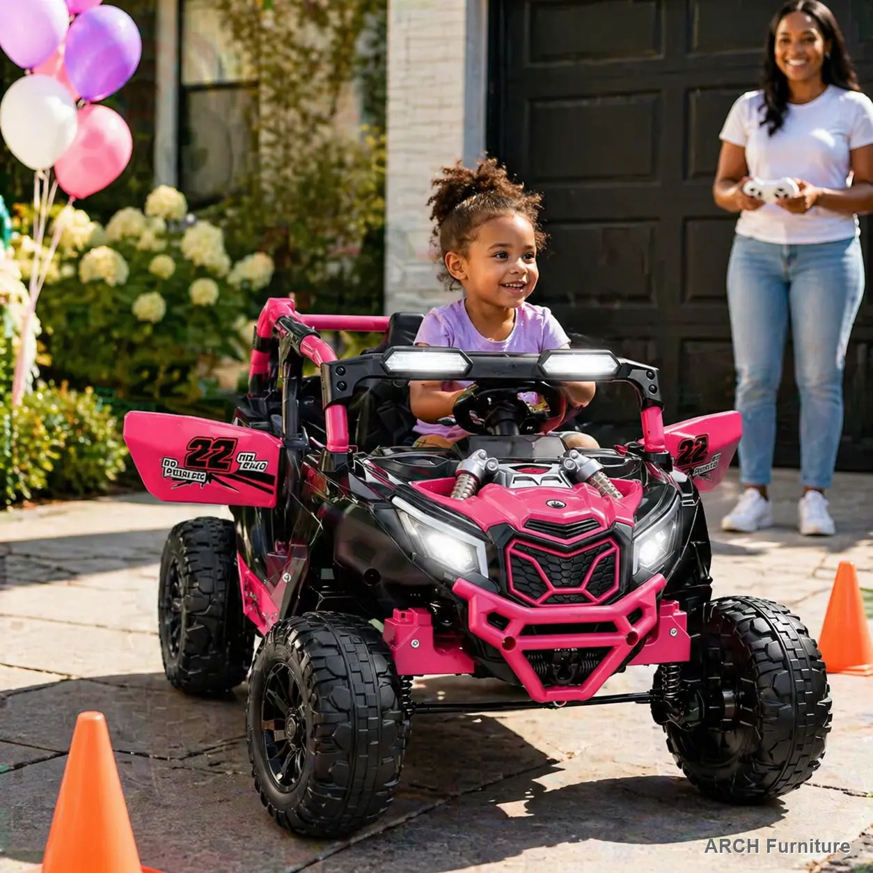 ARCH 24V 400W Adjustable Kids' UTV Ride-On Car, 2WD, Parent Remote Control, 4-Wheel Suspension, 3 Speeds (4-8KM/H), Power Display, Bluetooth Audio, MP3, LED Lights, Ages 1-6 Indoor-Outdoor Toy (Magenta)